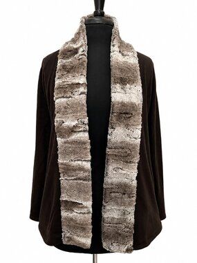 Saks Fifth Avenue Faux Fur Trim Cardigan XS Brown Open Front Sweater Jacket